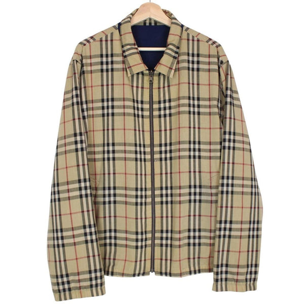 Vintage Burberry Tan Brown and Navy Blue Nova Check Reversible Harrington Jacket