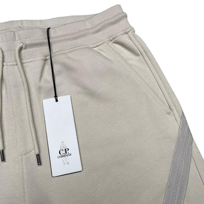 CP Company Beige Cotton Diagonal Fleece Lens Jogger Shorts