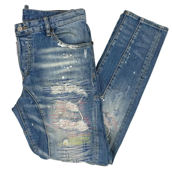 Dsquared2 blue straight jeans with distressed details and logo patch on back pocket.