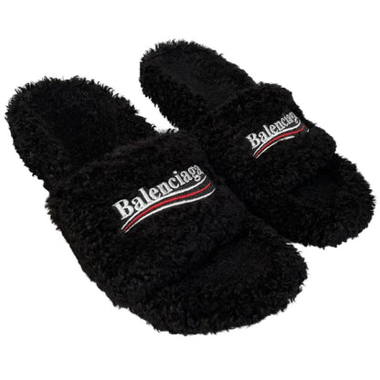Balenciaga Black Faux Fur Furry High Heels Slides