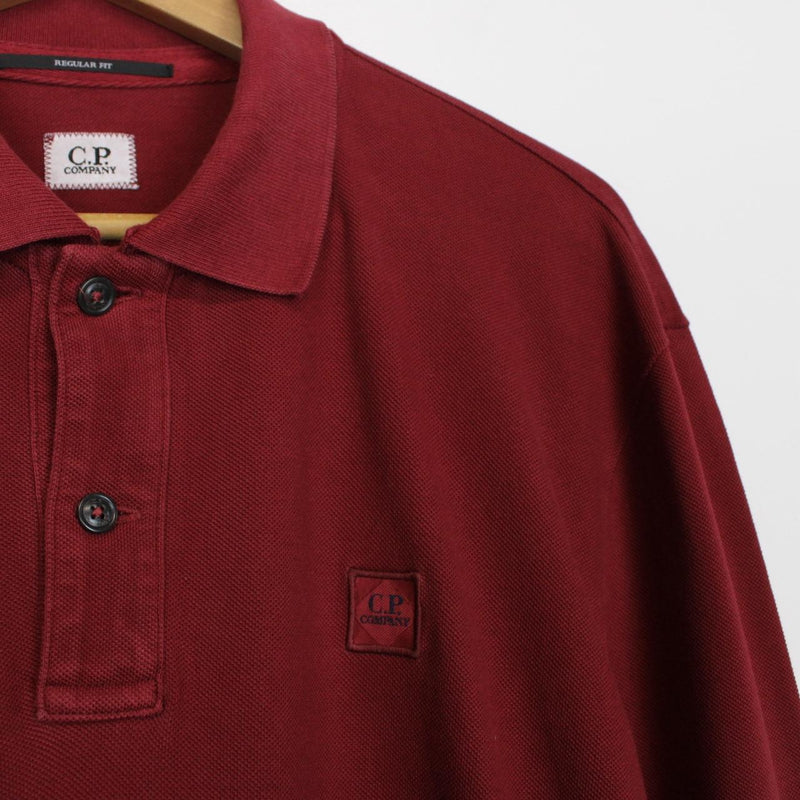 CP Company Burgundy Long Sleeve Piquet Logo Polo Shirt