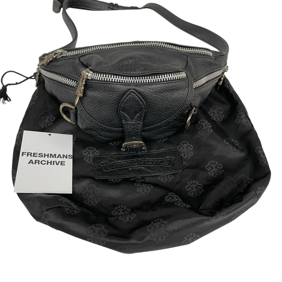 Chrome Hearts black fanny pack grained calfskin with logo detail and original dust bag.