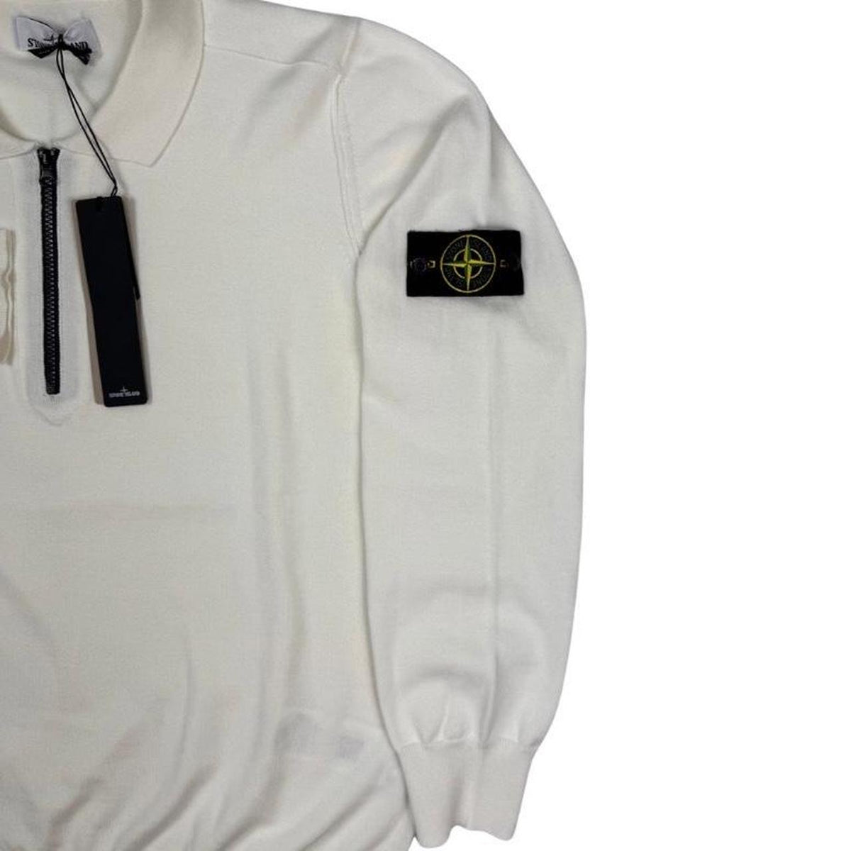 Stone Island white knit jumper with collared design and logo patch.