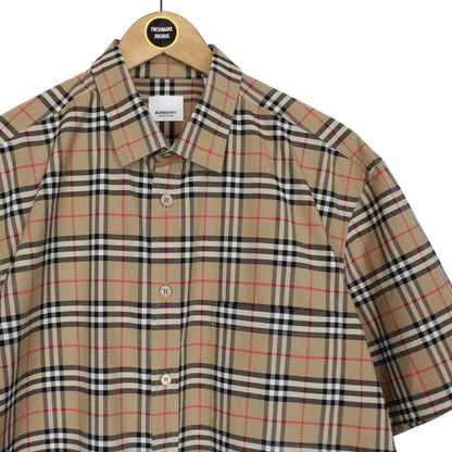 Burberry Tan Brown Nova Check Short Sleeve Poplin Cotton Shirt