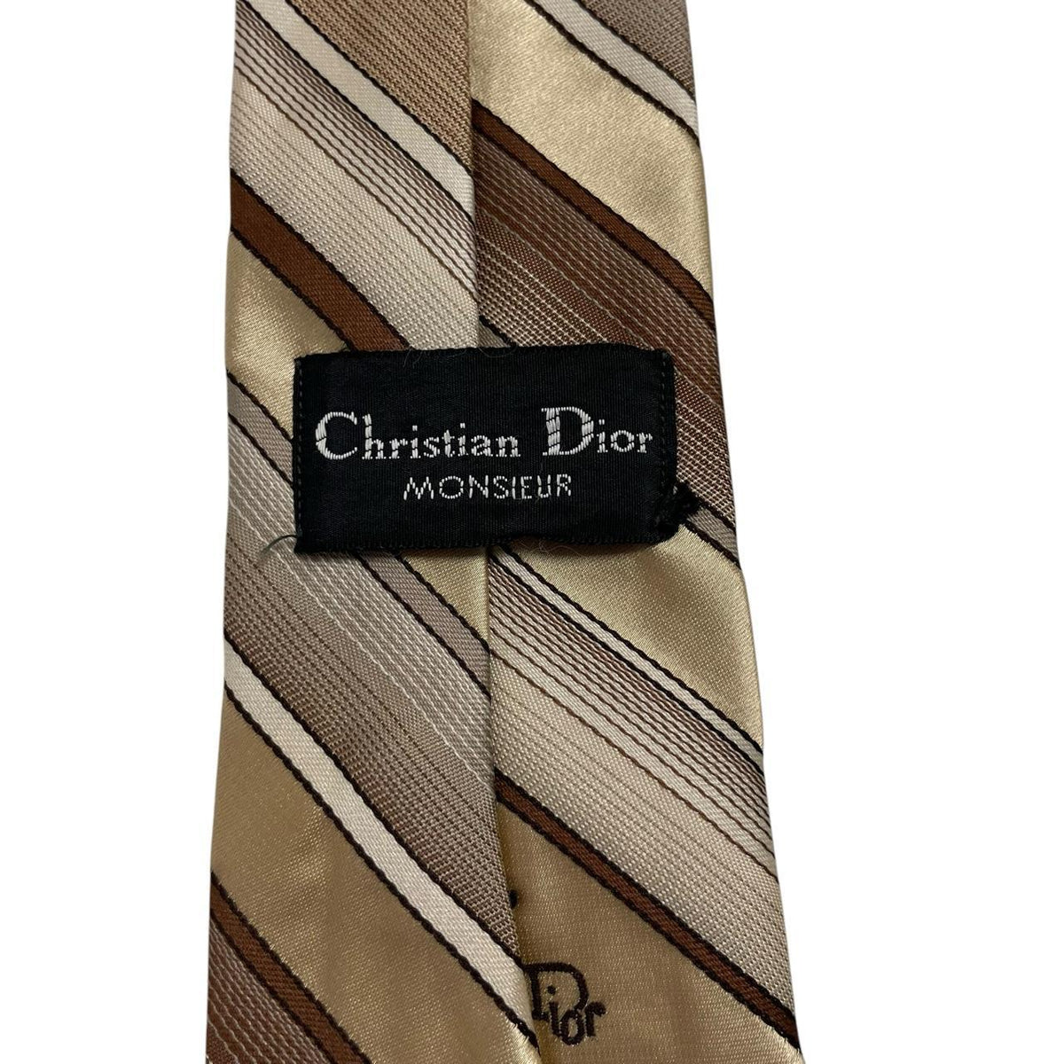 Christian Dior beige and brown striped polyester tie with cream accents and vintage design.