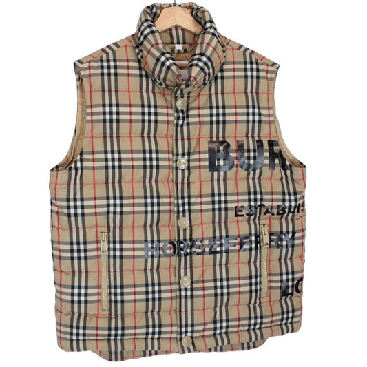 Burberry tan brown down gilet with Nova Check pattern and logo detail.