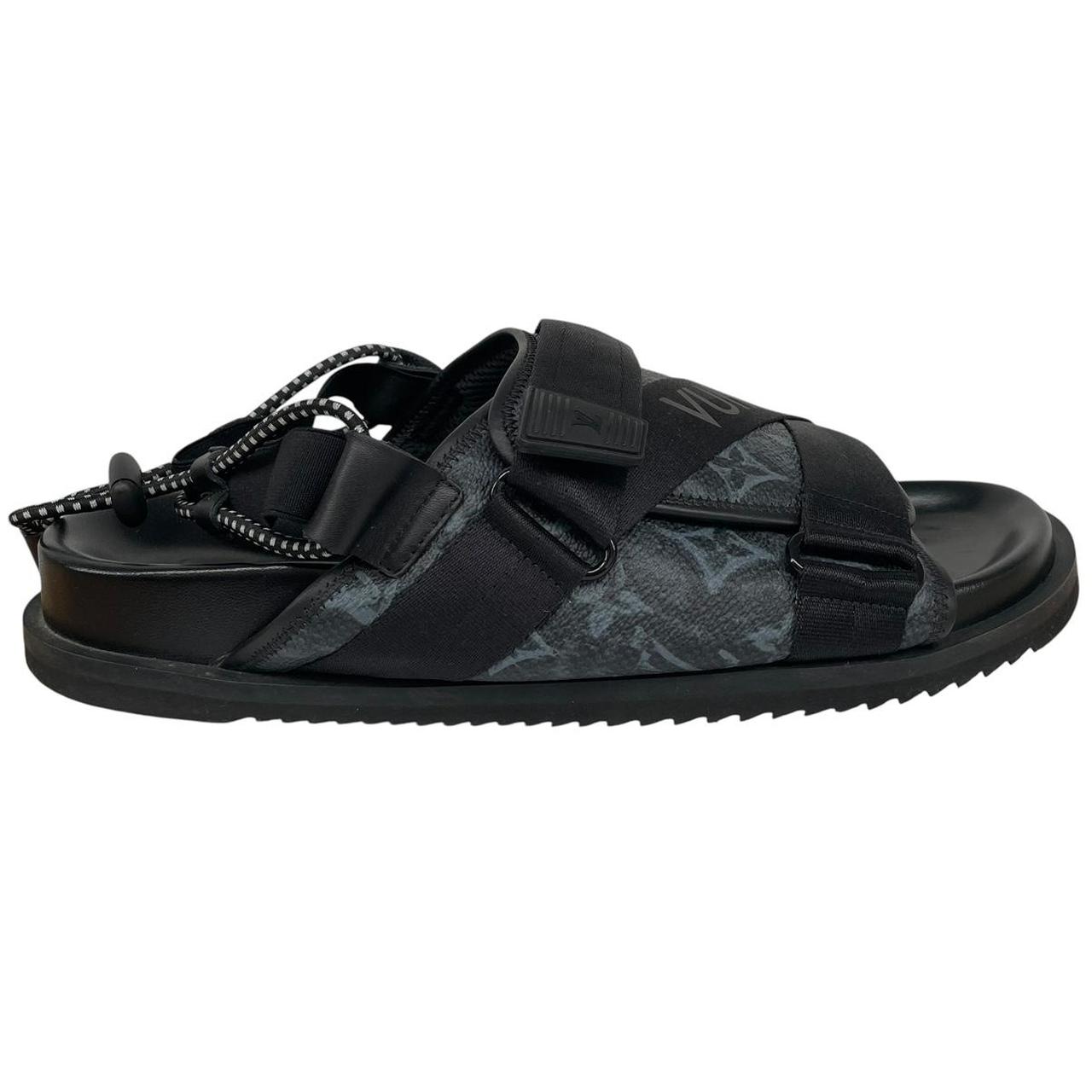 Louis Vuitton LV Monogram Navy Blue and Black Leather Honolulu Mule Sandals