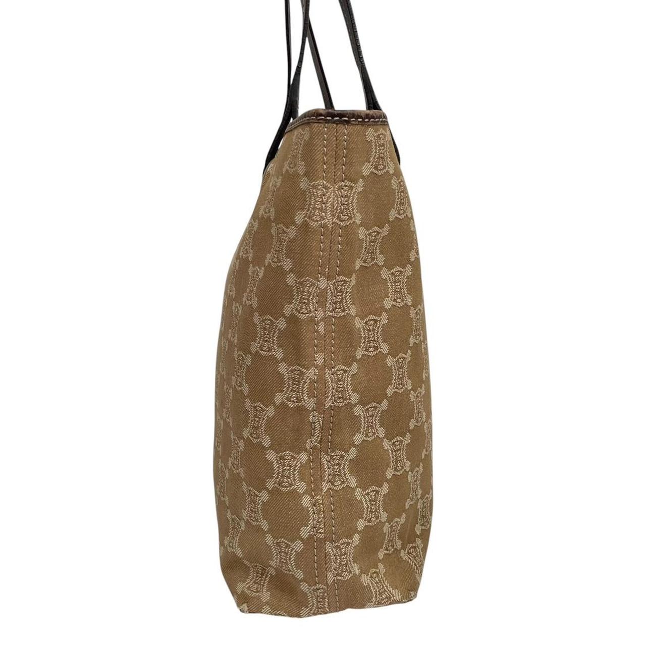 CELINE beige denim tote bag with Macadam pattern and logo detail, pre-loved condition.