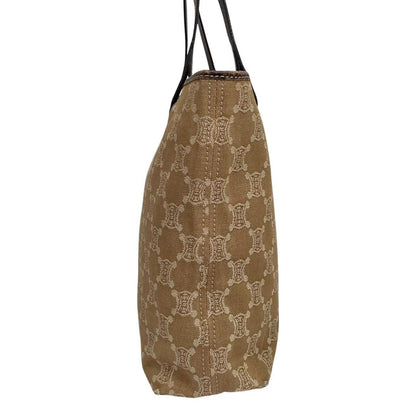 CELINE beige denim tote bag with Macadam pattern and logo detail, pre-loved condition.