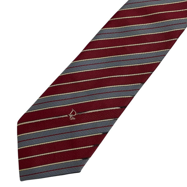 Christian Dior burgundy and grey striped tie in silk and polyester blend.