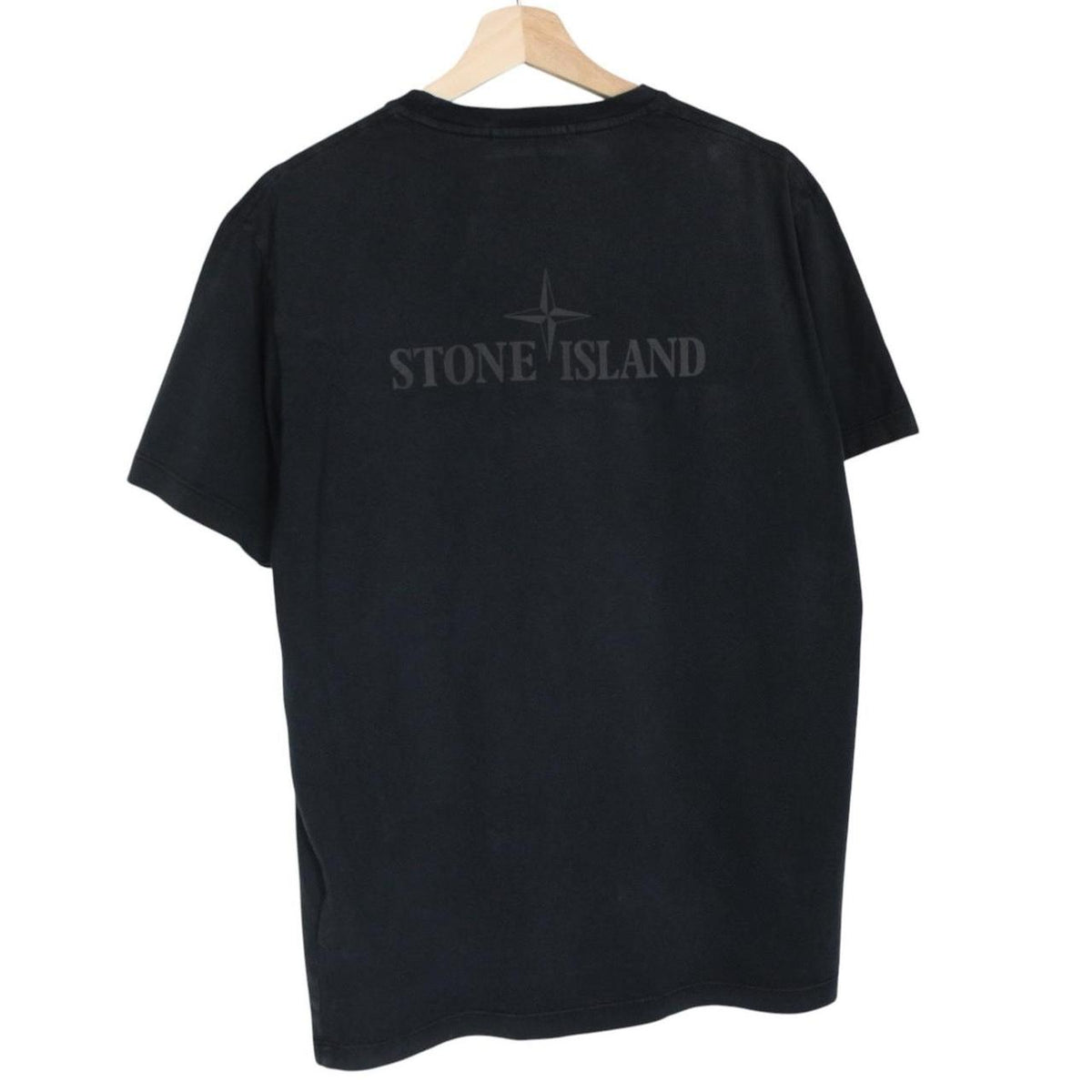 Stone Island black short sleeve cotton t-shirt with logo patch on sleeve.