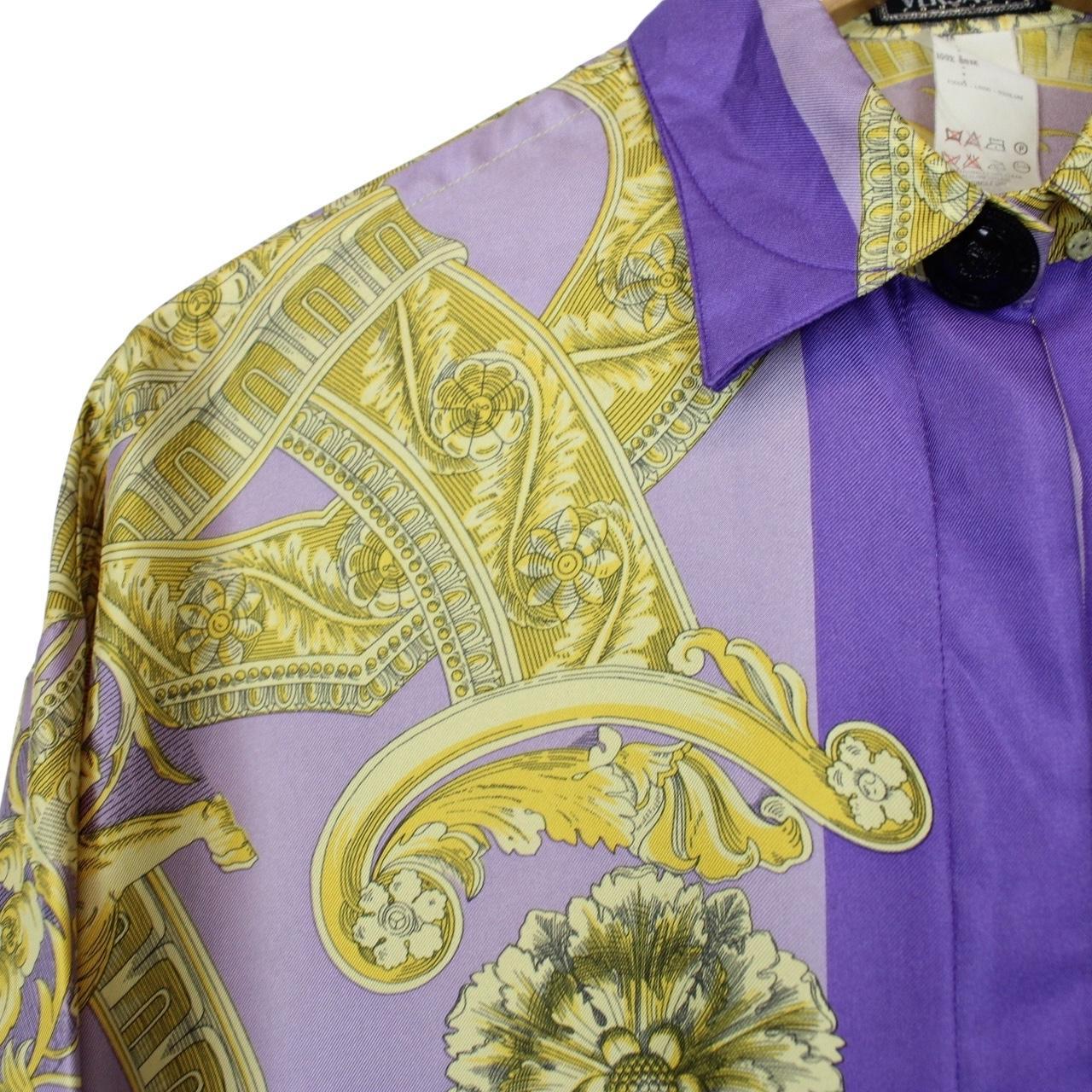 Vintage 90s Gianni Versace Purple and Gold Long Sleeve Baroque Silk Shirt