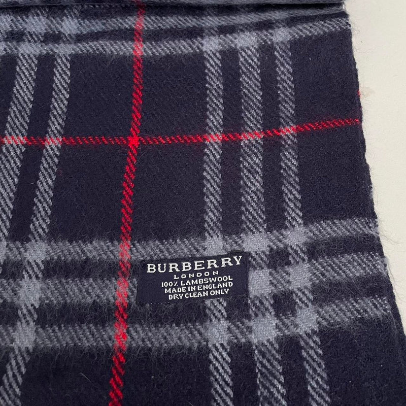 Vintage 90s Burberry Navy Blue Nova Check Lambswool Scarf