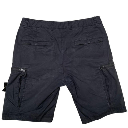 Stone Island navy blue cargo shorts with logo patch and faded cotton material.