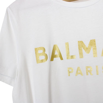 Balmain Paris White and Metallic Gold Logo Print Short Sleeve T-Shirt