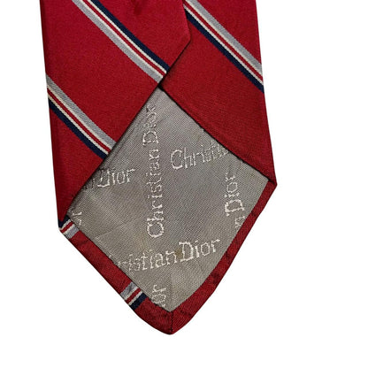 Christian Dior red striped silk tie with subtle marks and classic design.