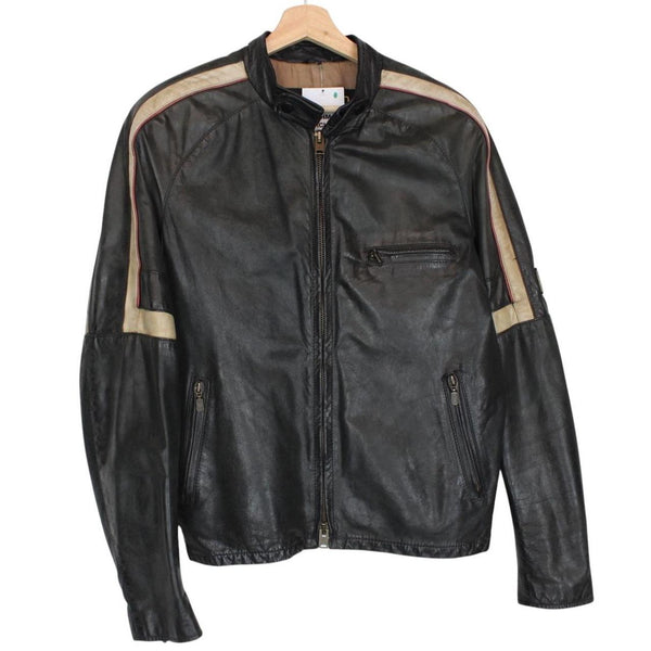 Belstaff beige and black leather jacket with vintage logo and cream detailing.