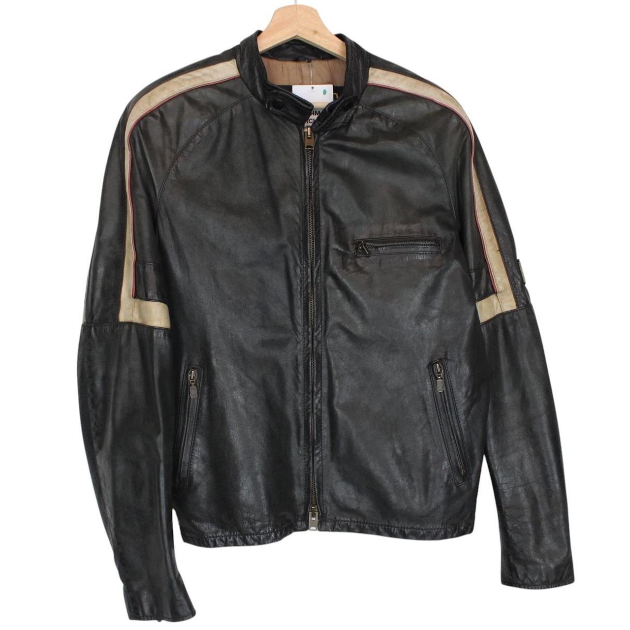 Belstaff beige and black leather jacket with vintage logo and cream detailing.