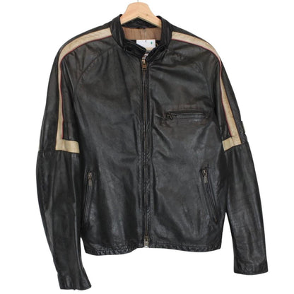 Belstaff beige and black leather jacket with vintage logo and cream detailing.
