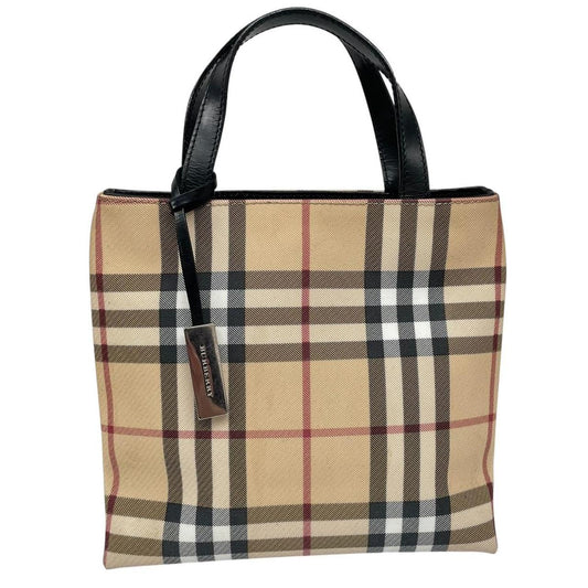 Burberry beige mini tote bag with Nova Check pattern and leather accents.
