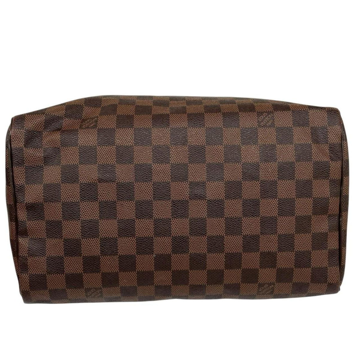 Louis Vuitton brown Damier Ebene canvas handbag with gold hardware and padlock detail.