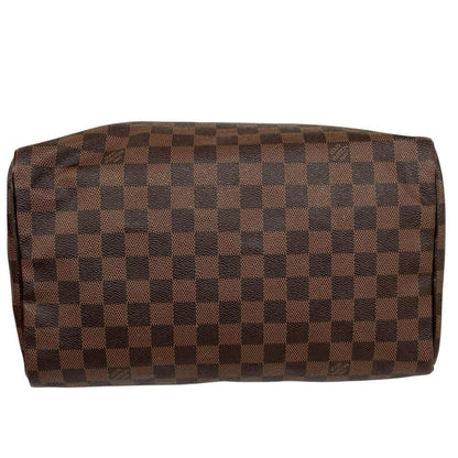 Louis Vuitton brown Damier Ebene canvas handbag with gold hardware and padlock detail.
