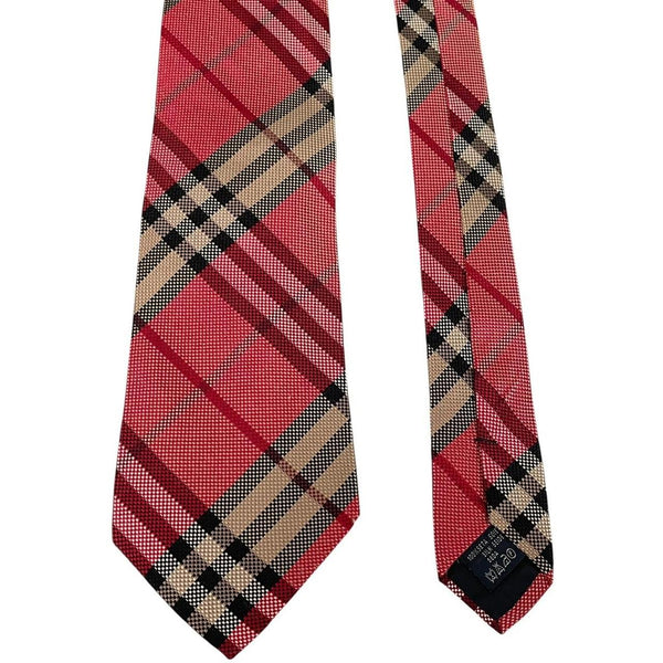 Vintage Burberry London Red Nova Check Silk Tie