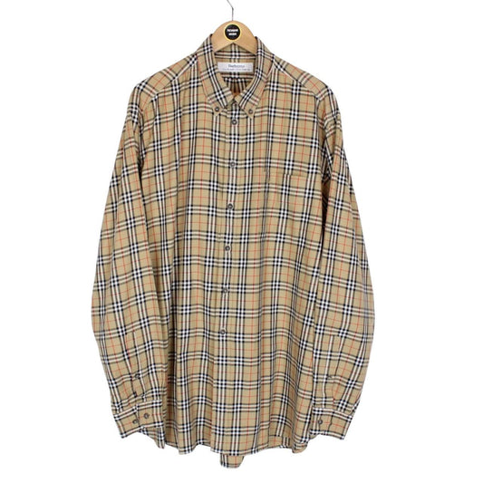 Vintage 90s Burberry Tan Brown Nova Check Long Sleeve Cotton Shirt