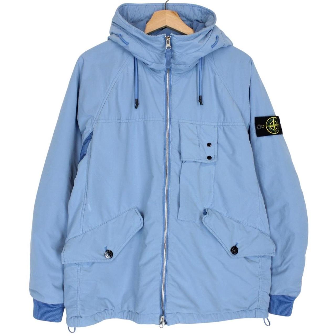 Stone Island blue jacket with logo patch and micropile texture, size small.