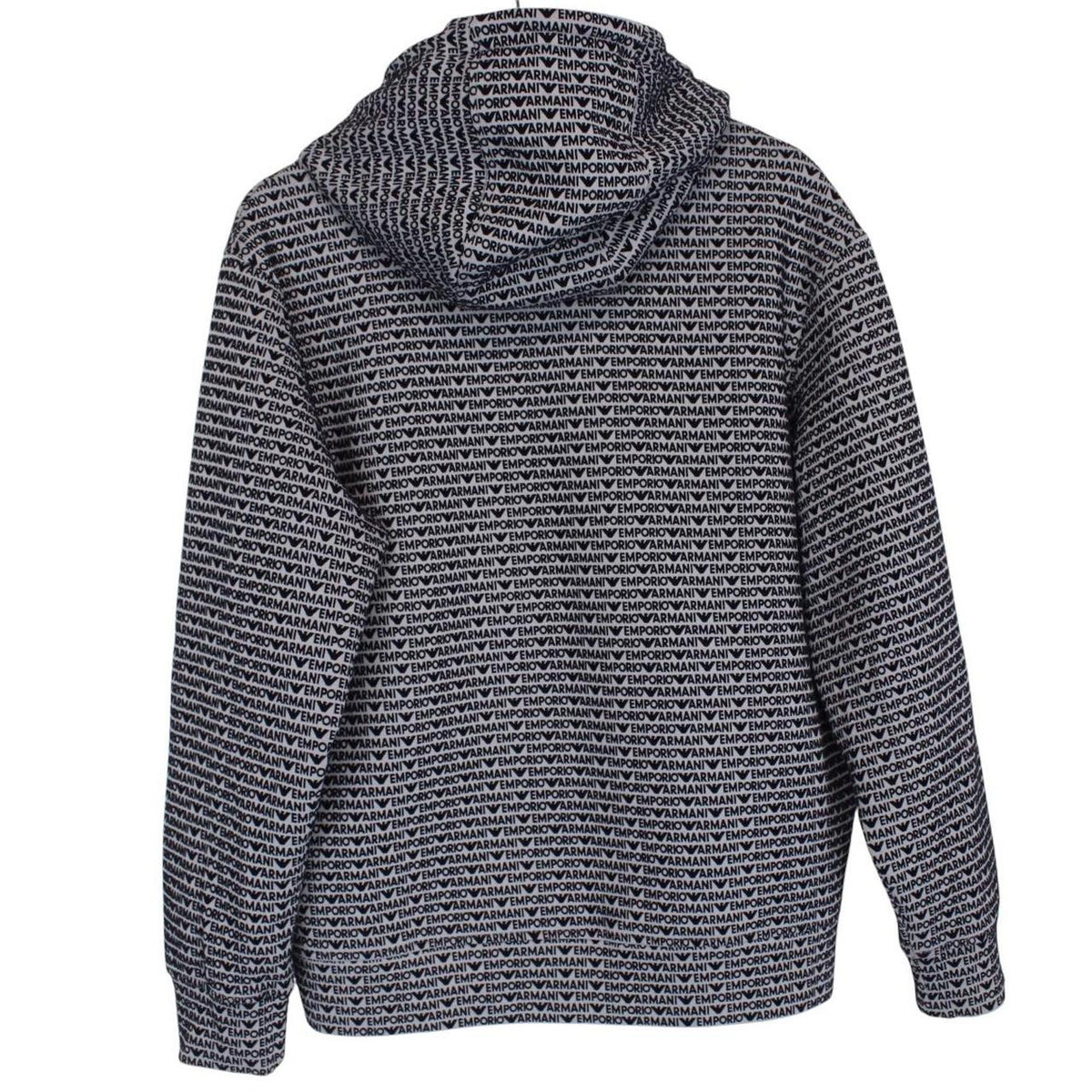 Emporio Armani black and grey hoodie with full zip and logo print design.