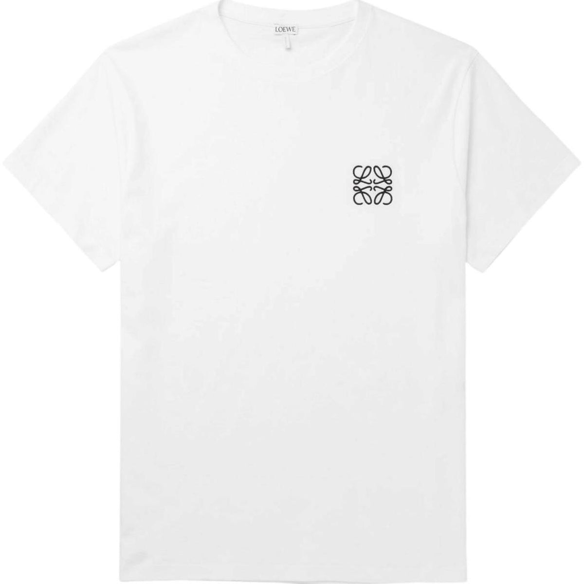 Loewe white short sleeve t-shirt with embroidered anagram logo on chest.