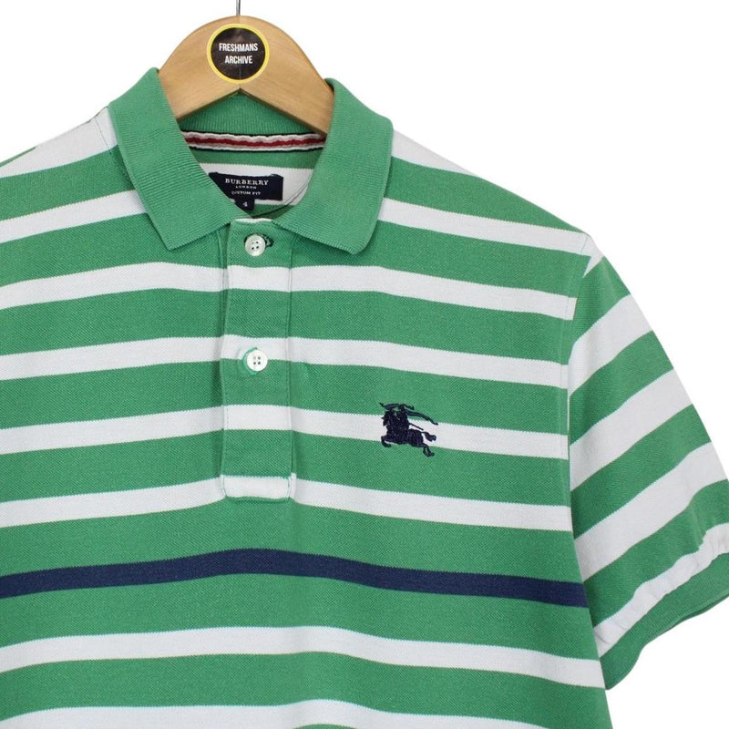 Burberry London Green and White Striped Short Sleeve Cotton Polo Shirt