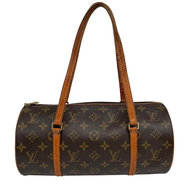 Louis Vuitton duffel bag brown and tan monogram canvas with logo and piping details.