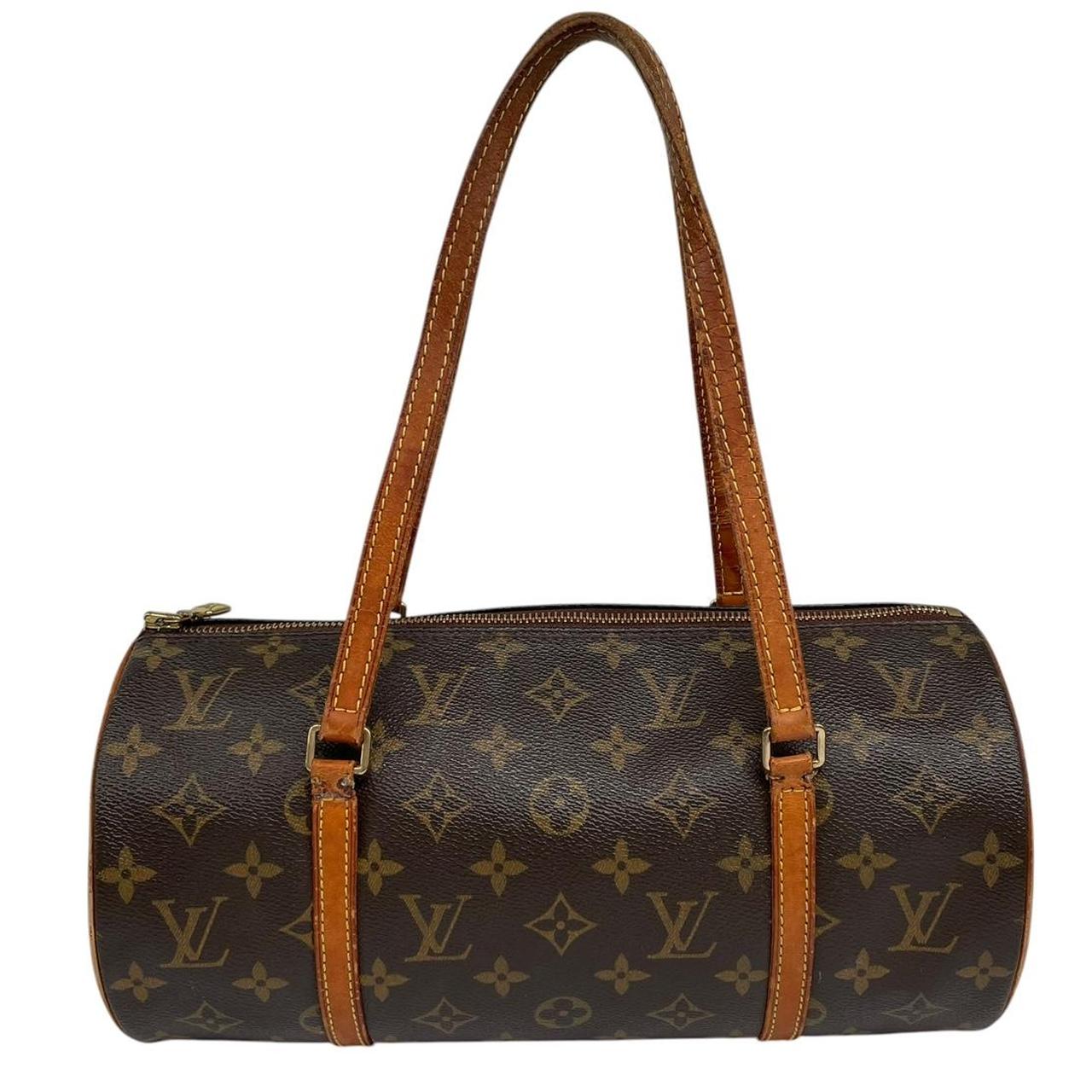 Louis Vuitton duffel bag brown and tan monogram canvas with logo and piping details.