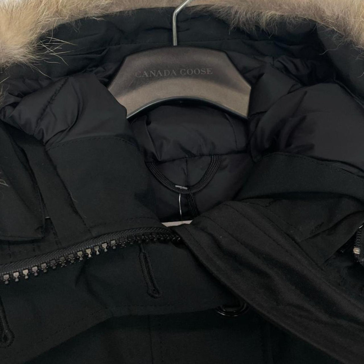 Canada Goose black parka coat with fur trim and logo patch, brand new with tags.