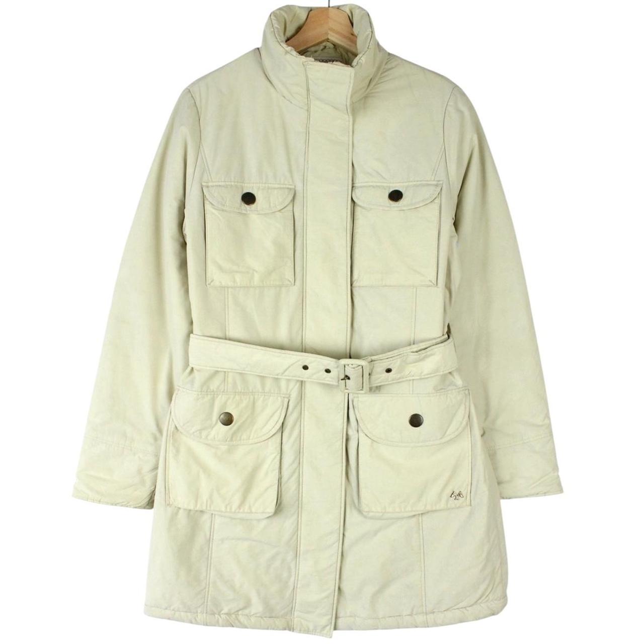 Burberry cream belted down jacket with classic logo and quilted texture.