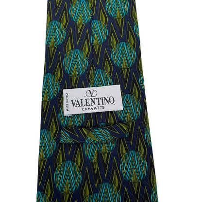 Vintage Valentino Green and Navy Blue Geometric Pattern Silk Tie