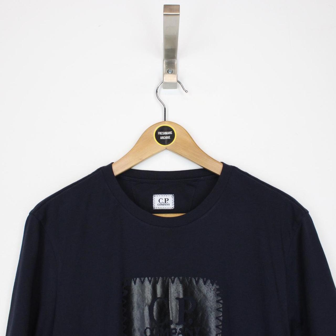 CP Company Navy Blue and Black Block Logo Short Sleeve T-Shirt