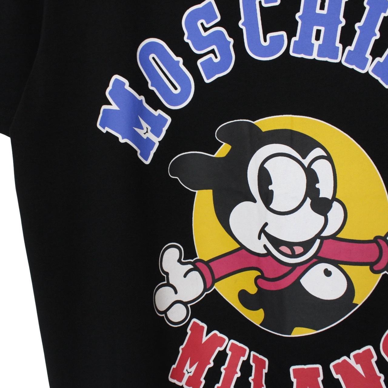 Moschino black cotton t-shirt featuring colorful cartoon print and logo detail.