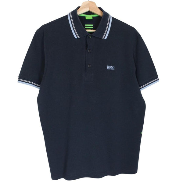 Hugo Boss navy blue short sleeve polo shirt with embroidered logo and cotton material.