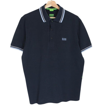 Hugo Boss navy blue short sleeve polo shirt with embroidered logo and cotton material.