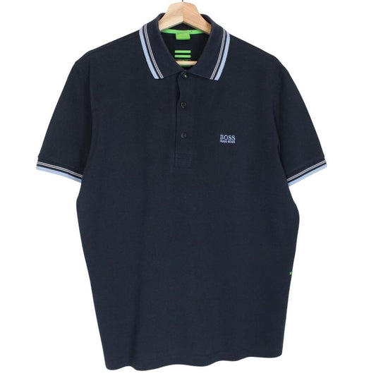 Hugo Boss navy blue short sleeve polo shirt with embroidered logo and cotton material.