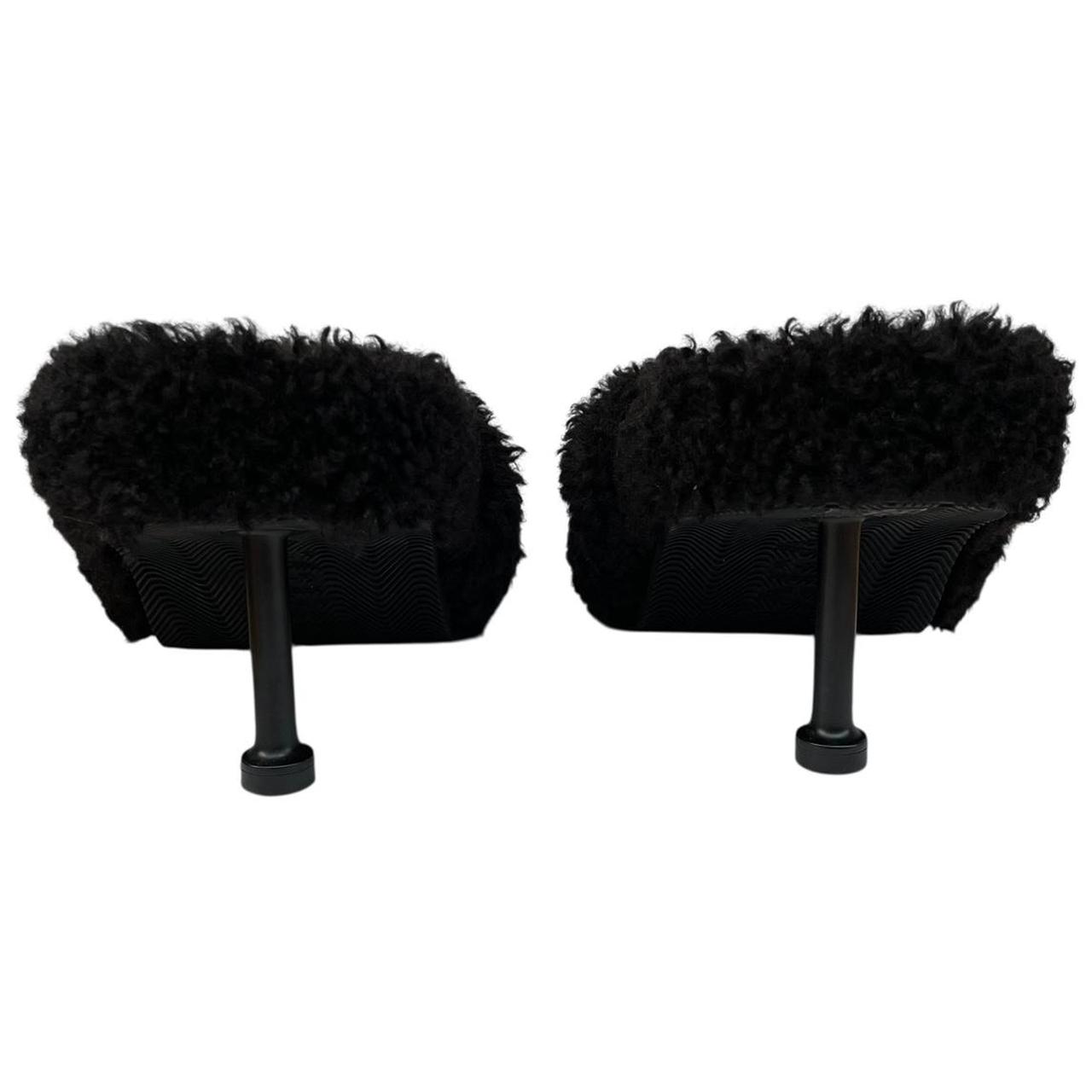 Balenciaga Black Faux Fur Furry High Heels Slides