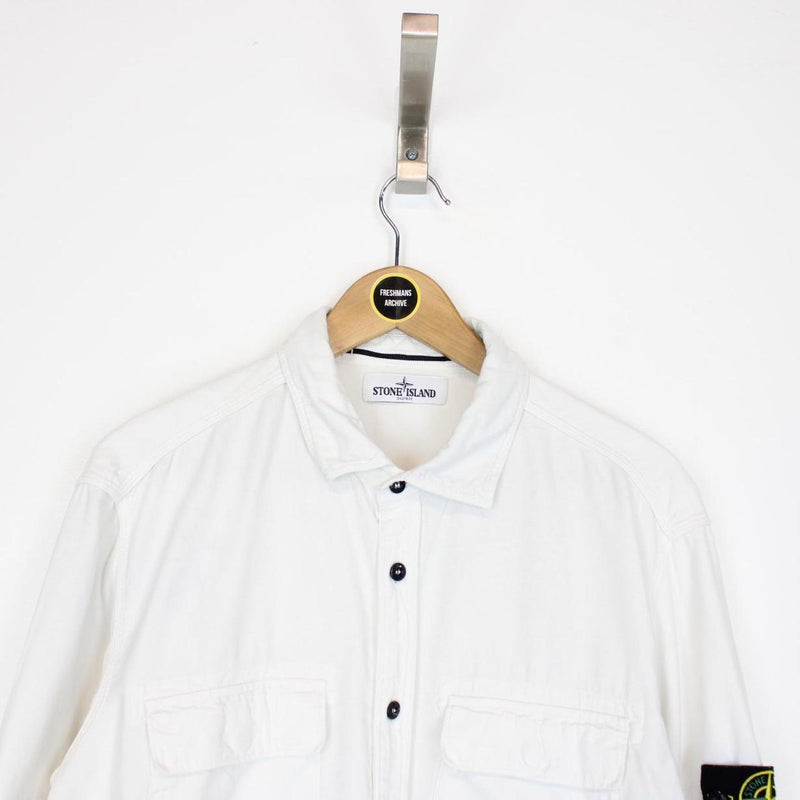 Stone Island White Button Up Cotton Overshirt Jacket