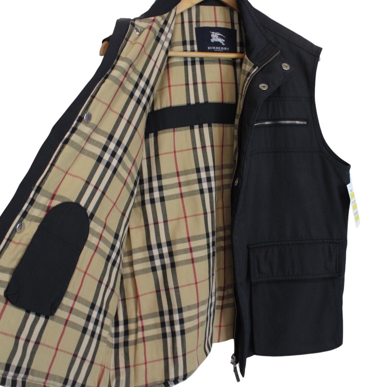 Burberry London Navy Blue Nova Check Nylon Full Zip Vest Jacket
