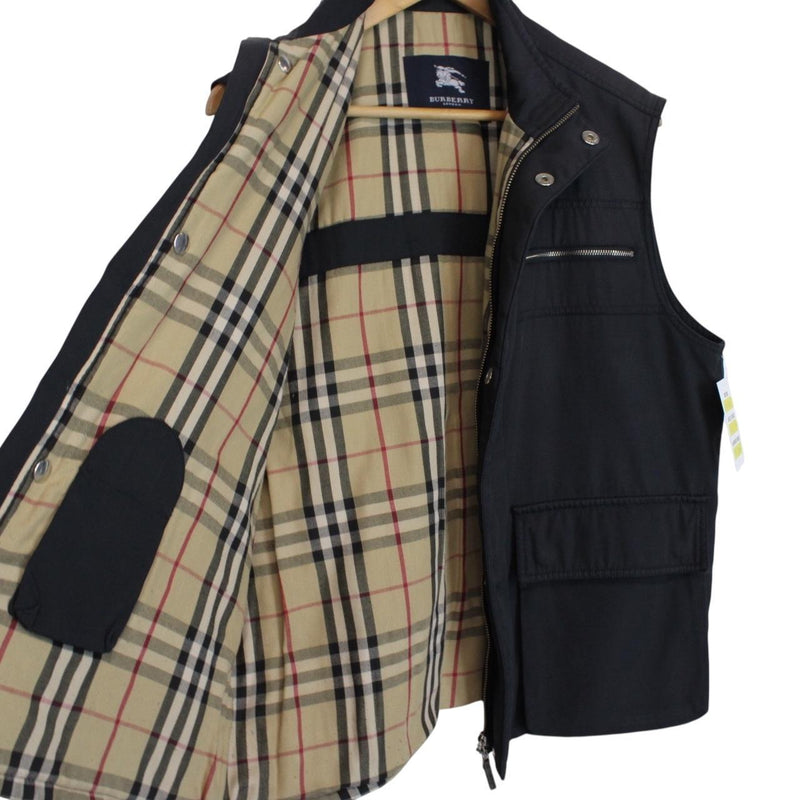Burberry London Navy Blue Nova Check Nylon Full Zip Vest Jacket