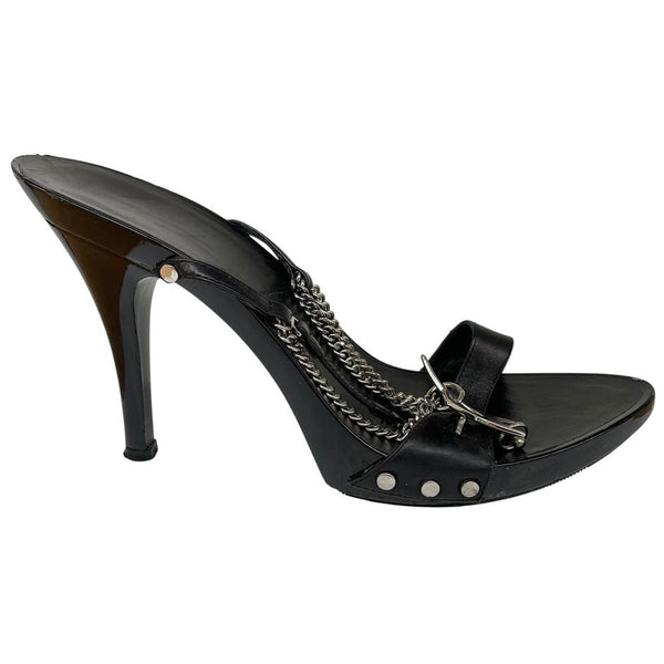 Christian Dior Black and Silver Patent Leather Chain Slingback High Heels