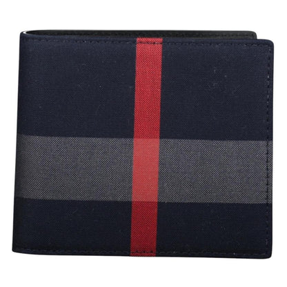 Burberry navy blue bifold wallet featuring iconic Nova Check pattern and logo.