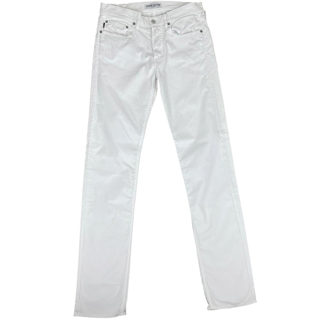 Stone Island white slim fit cotton trousers with logo patch and front mark.