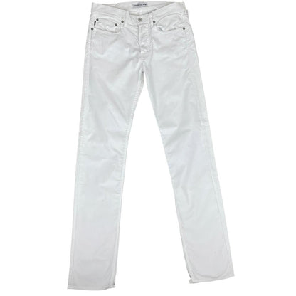 Stone Island white slim fit cotton trousers with logo patch and front mark.